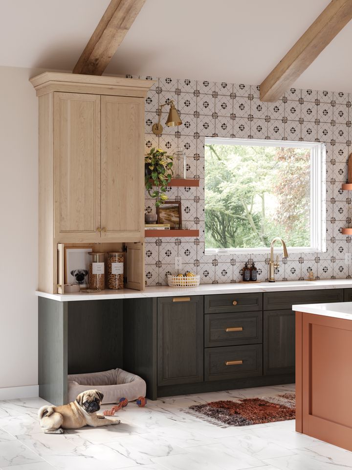 Modern kitchen design with Scandinavianstyle cabinets patterned backsplash a window island and a dog resting on the floor