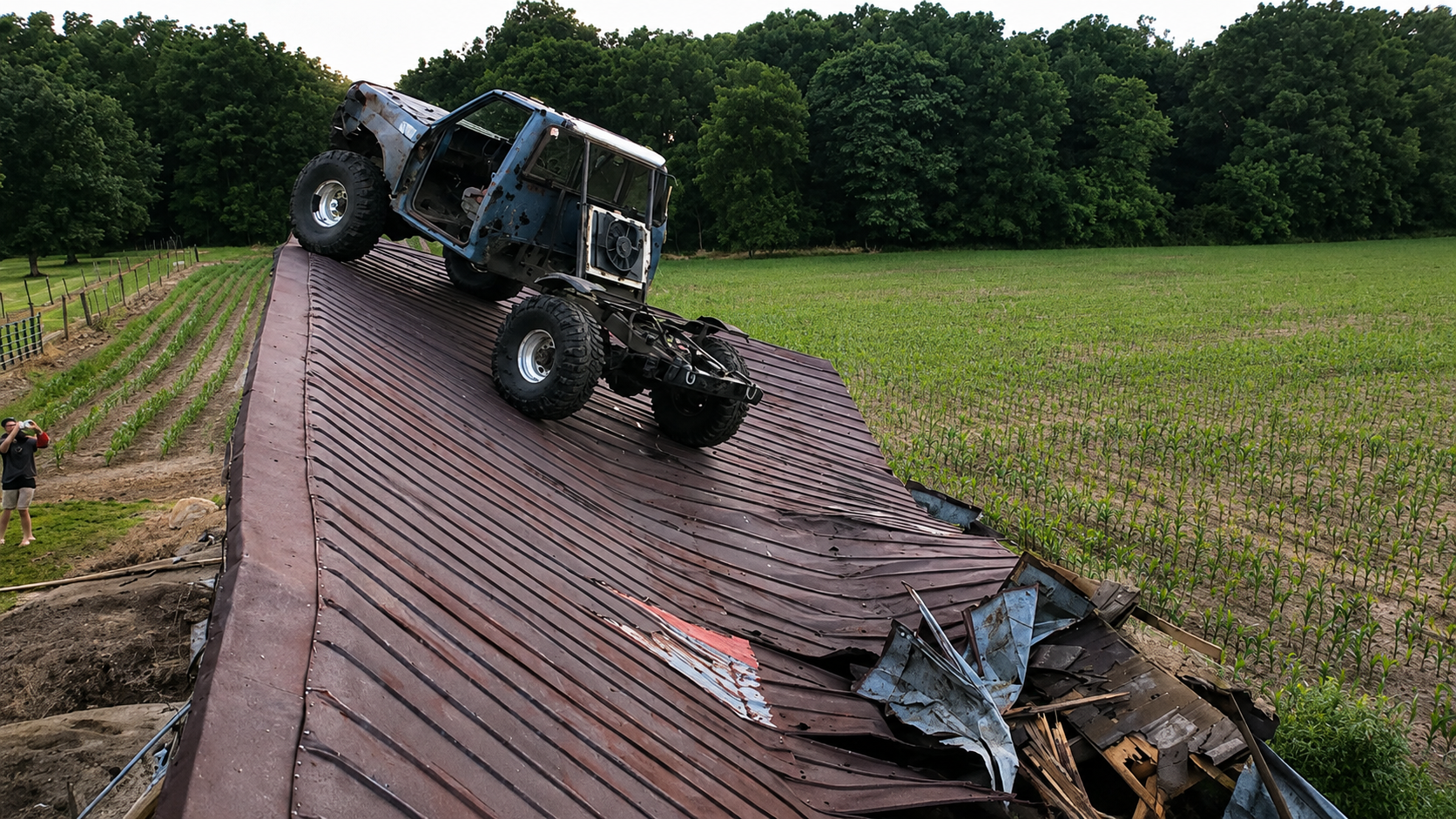 He drove his $20,000 truck across a rotten barn roof - it was a bad idea