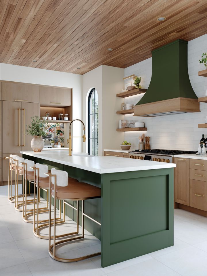 Modern kitchen with a green island wood accents and open shelving