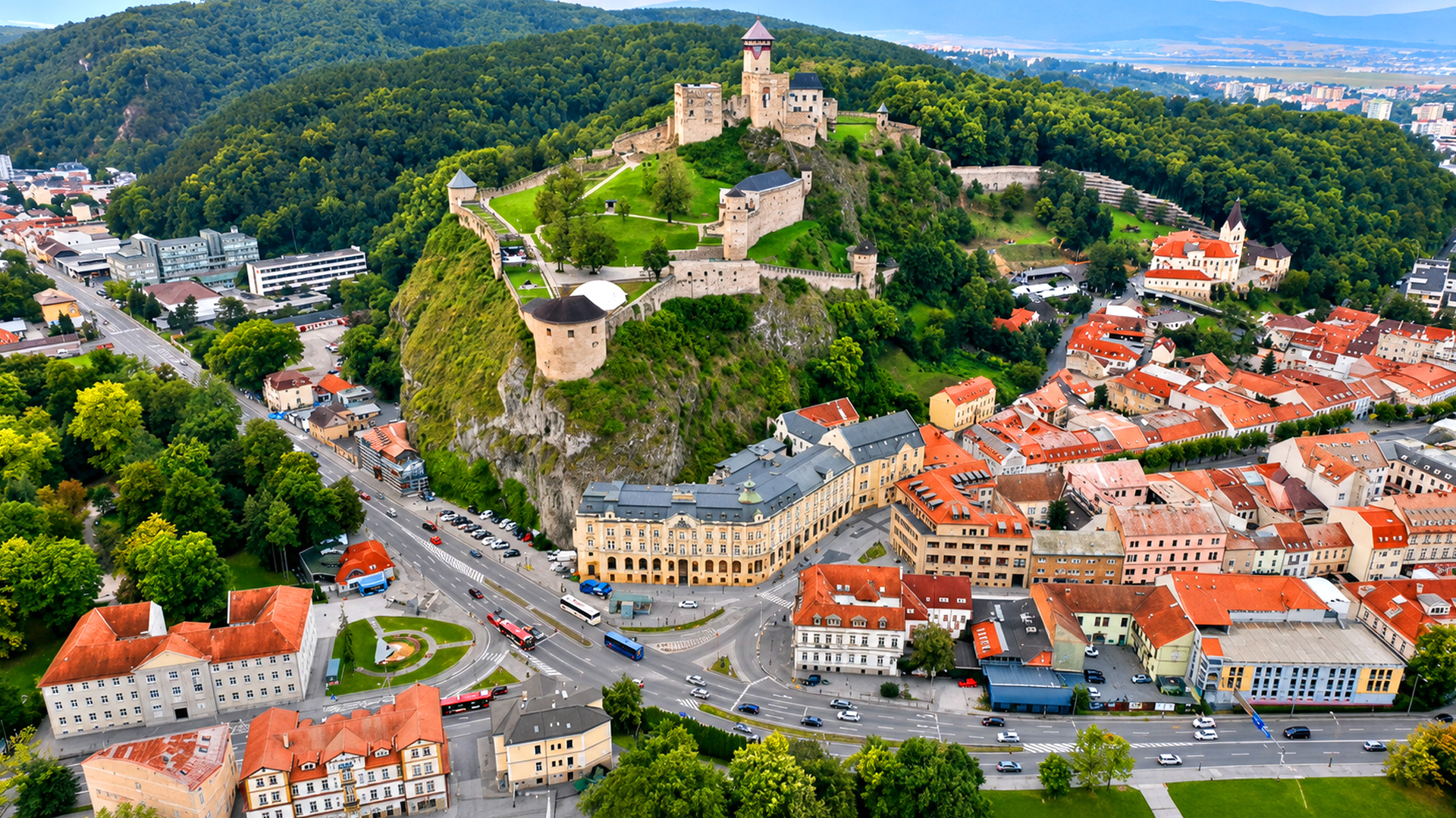 Trenčín Castle rising above historic city streets
