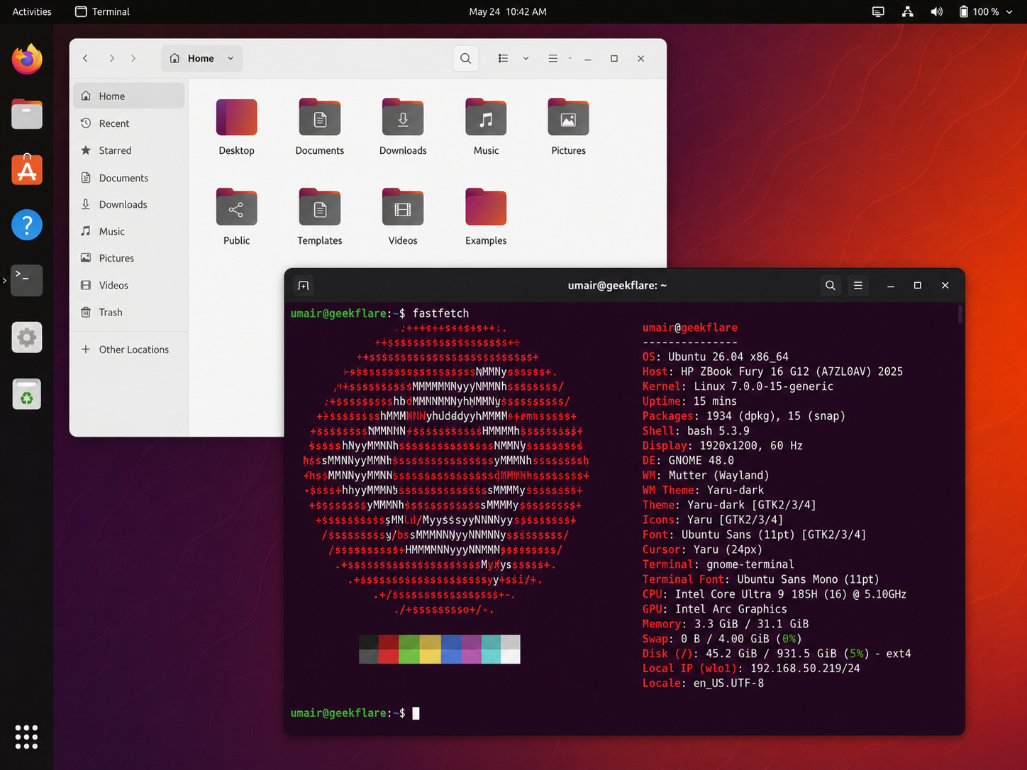 Ubuntu desktop screenshot includes results of fastfetch