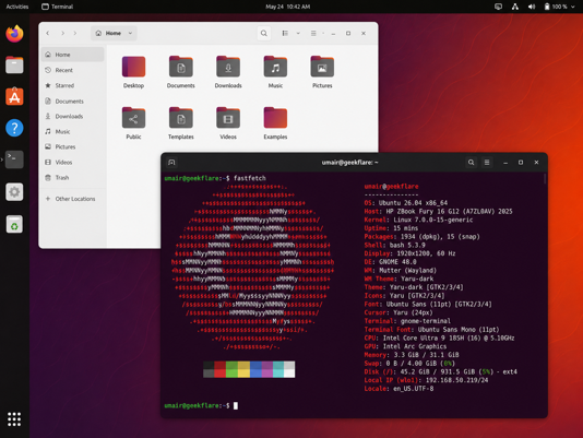 Ubuntu desktop screenshot includes results of fastfetch