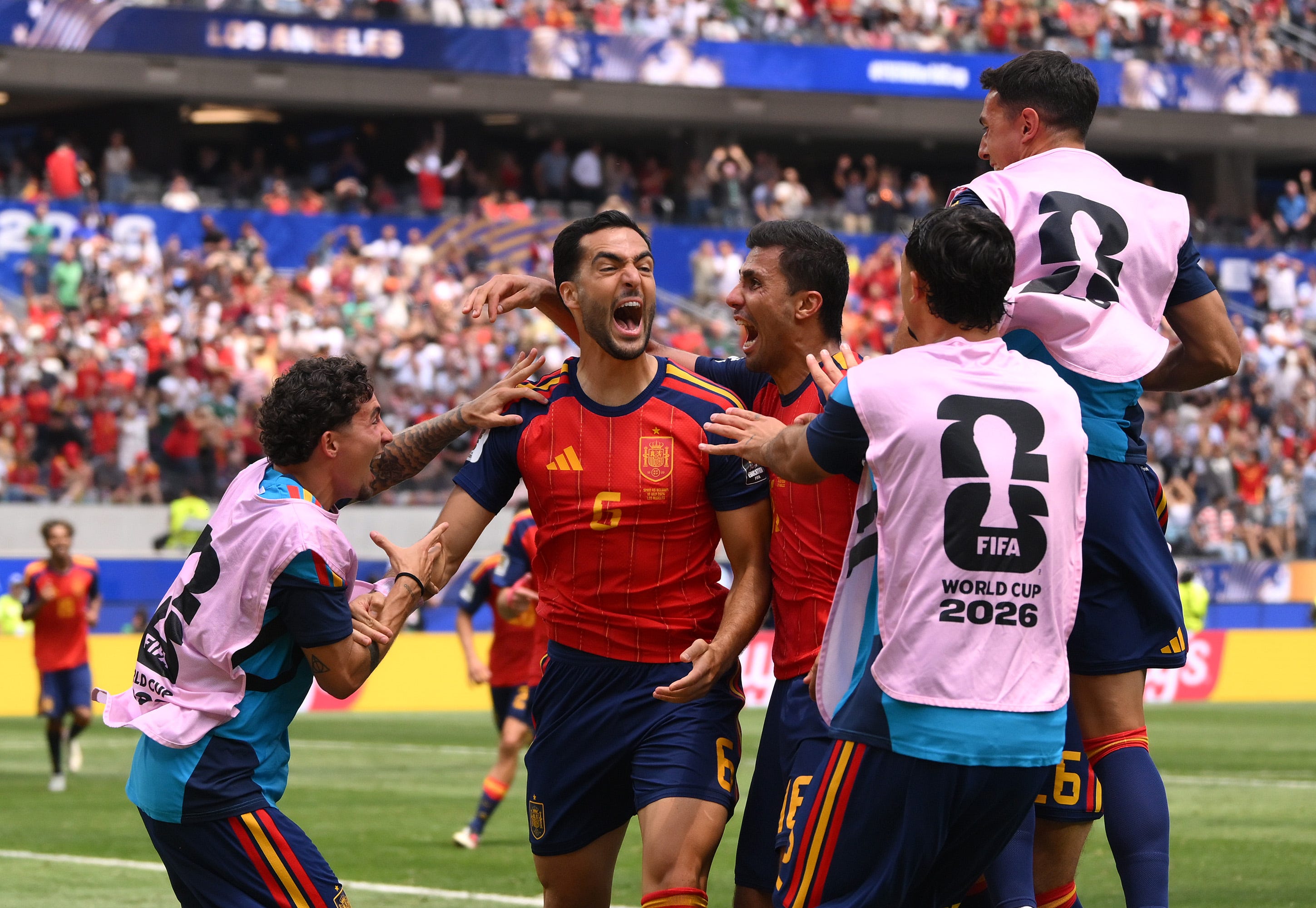 INGLEWOOD, CALIFORNIA - JULY 10: Mikel Merino #6 of Spain celebrates with teammates after scoring the team's second goal during the FIFA World Cup 2026 Quarter Final match between Spain and Belgium at Los Angeles Stadium on July 10, 2026 in Inglewood, California. (Photo by David Ramos/Getty Images)