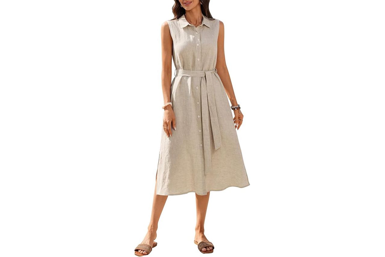 100% Linen Midi Dress Button Down Shirt Dress