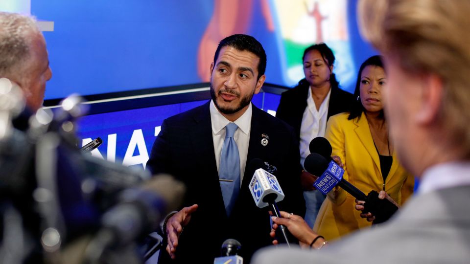 Abdul El-Sayed speaks with media after a debate with Rep. Haley Stevens at WoodTV studios in Grand Rapids, on July 7. - Kristen Norman/AP