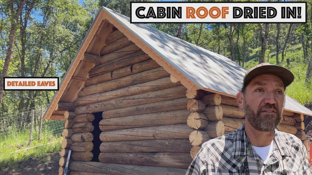 #875 - Log cabin roof dried in. Detailed wooden eaves. Deer compost ...