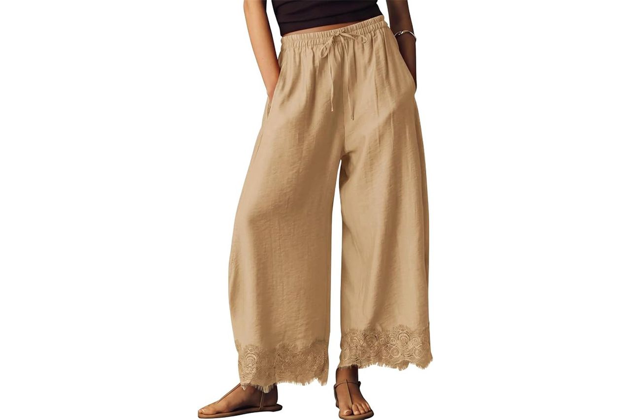 EXLURA Cotton Lace Trim Wide Leg Pants