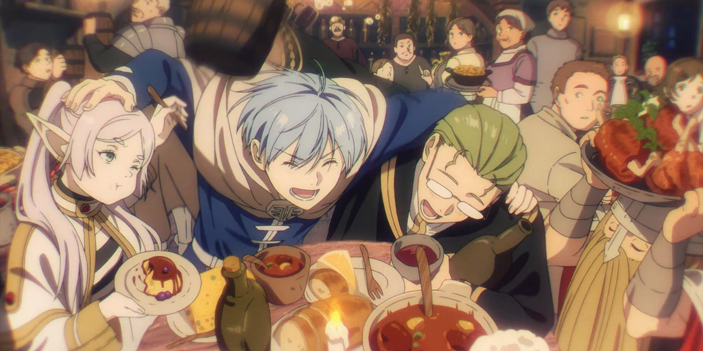 Frieren and her party members enjoying a meal in Frieren: Beyond Journey's End.