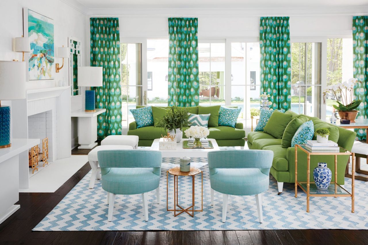 Blue and green have a natural soulmate thing going. “They make a good pair because we’re used to seeing the colors of grass and sky together, and it always feels optimistic, energetic,” Braff says. “Plus, it’s a good combo for going all in on color—famili