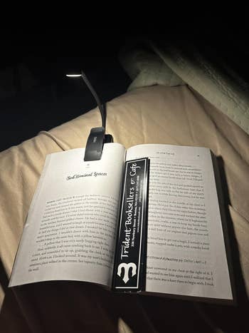 Open book on bed with clip-on reading light