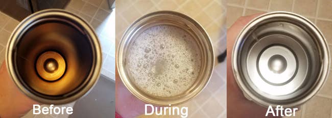 Three images show a container: dirty inside, soapy foam, then clean interior labeled
