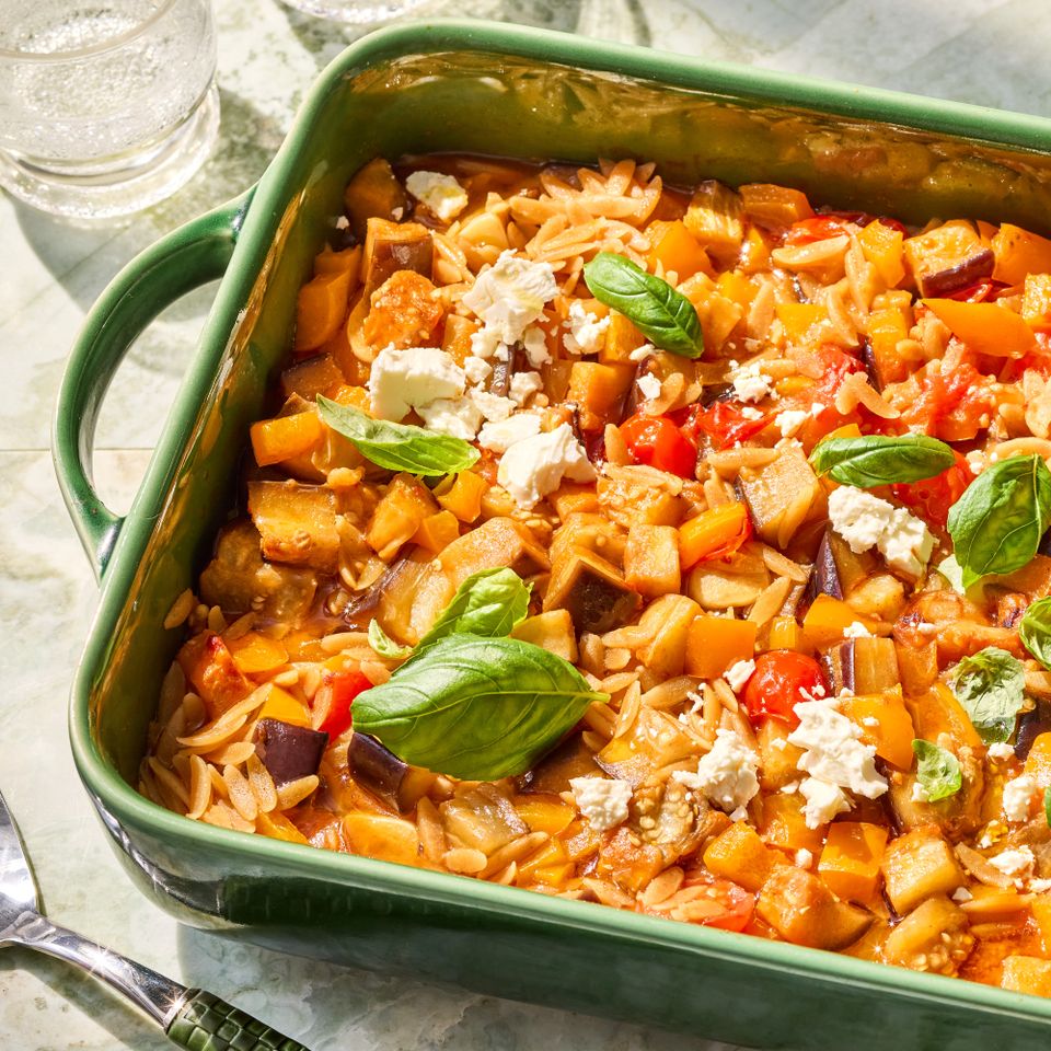 A recipe image of Roasted Tomato, Eggplant & Orzo Casserole.