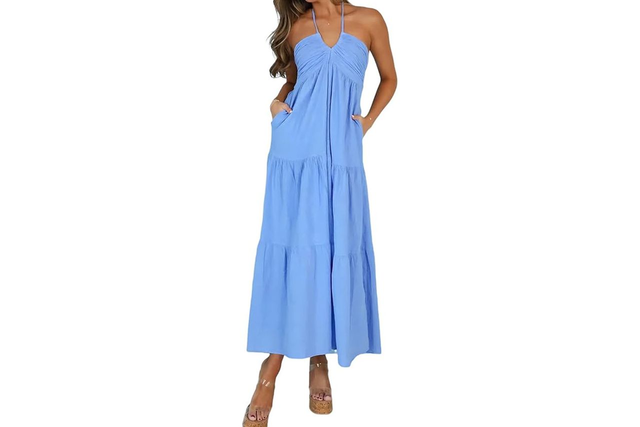 Casual Halter Tiered Vacation Maxi Dress with Pockets