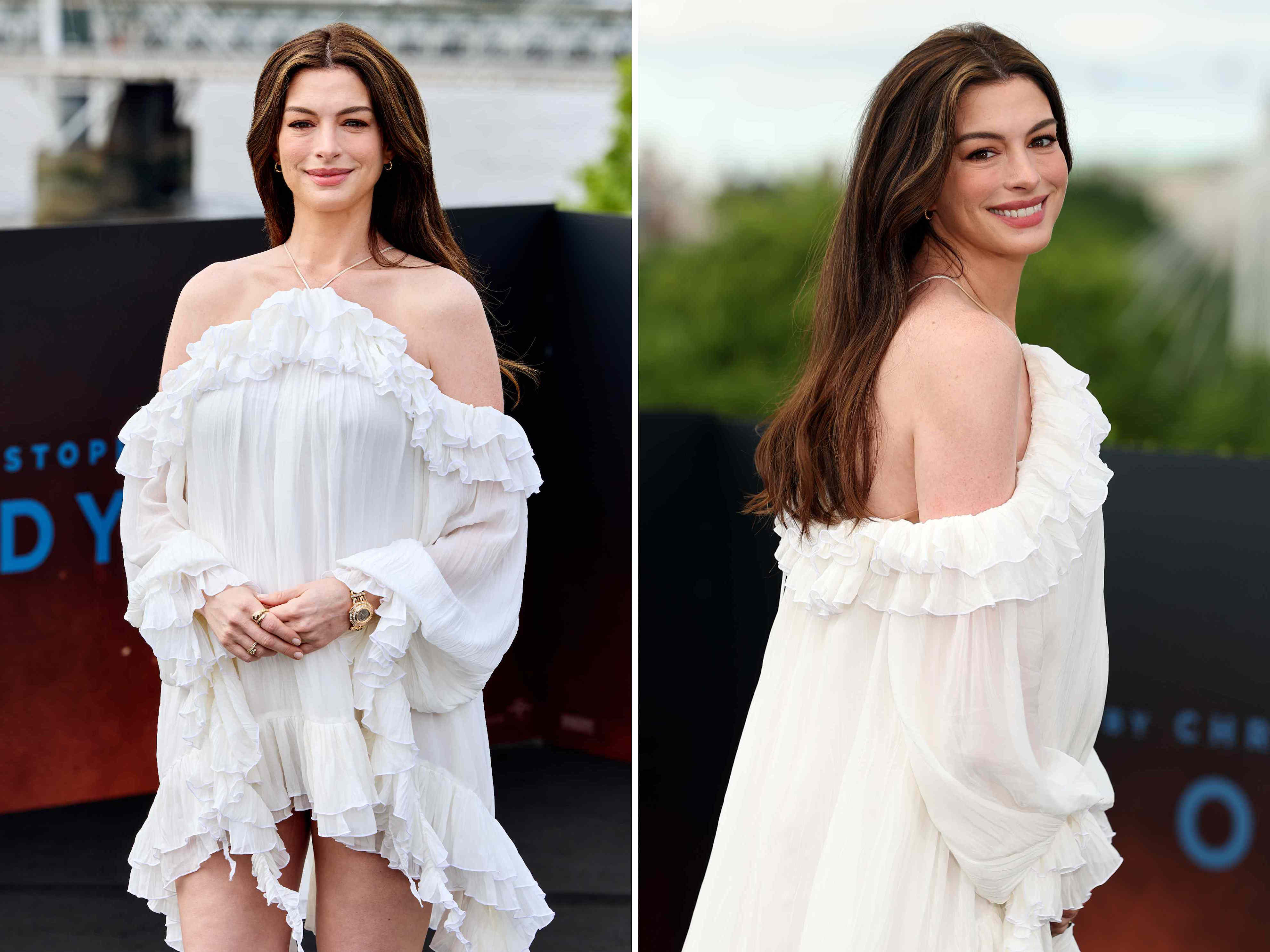 anne hathaway y2k mini dress in a pink mod by Givenchy with a mirrored clutch & strappy gold sandals Anne Hathaway Showcases Baby Bump
