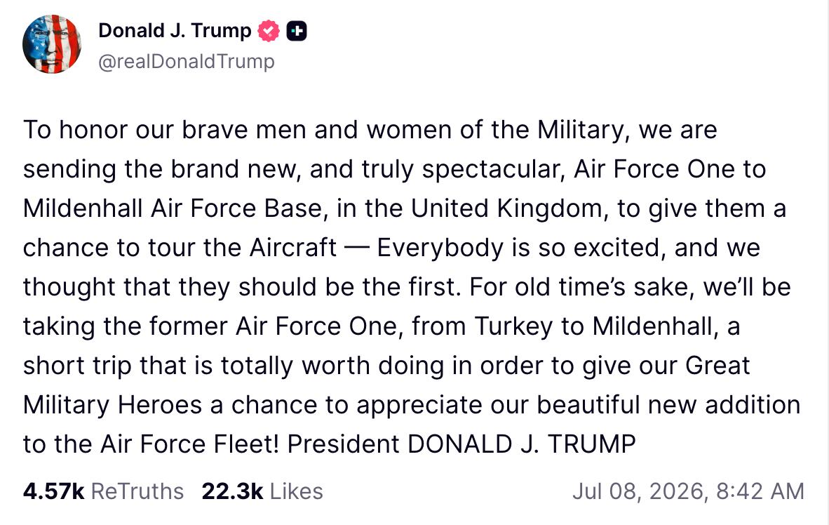 Trump posts about why the new Air Force One left Turkey without him. / Truth Social/Donald Trump