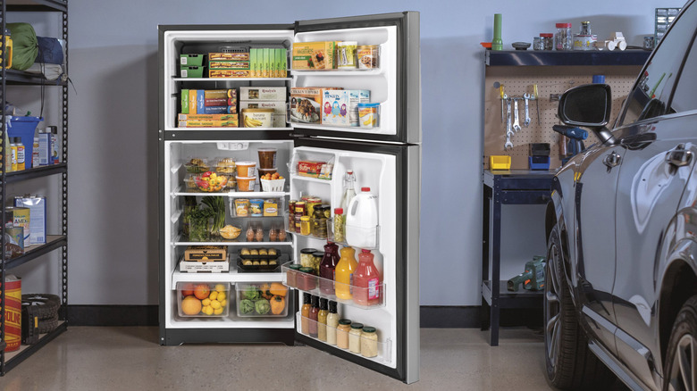 GE refrigerator in a garage