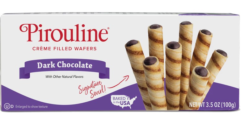 A box of Pirouline Dark Chocolate Crème Filled Wafers