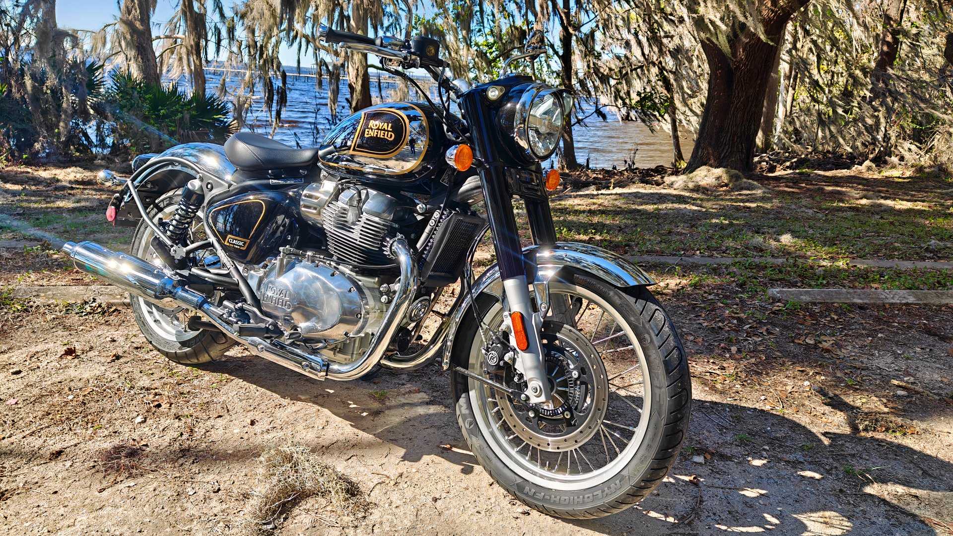 2026 Royal Enfield Classic 650 front 3/4 shot parked on gravel