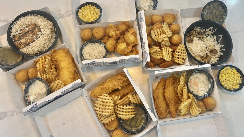 seven meals from Long John Silver's laid out on table