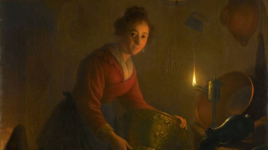 A Woman In A Kitchen By Candlelight