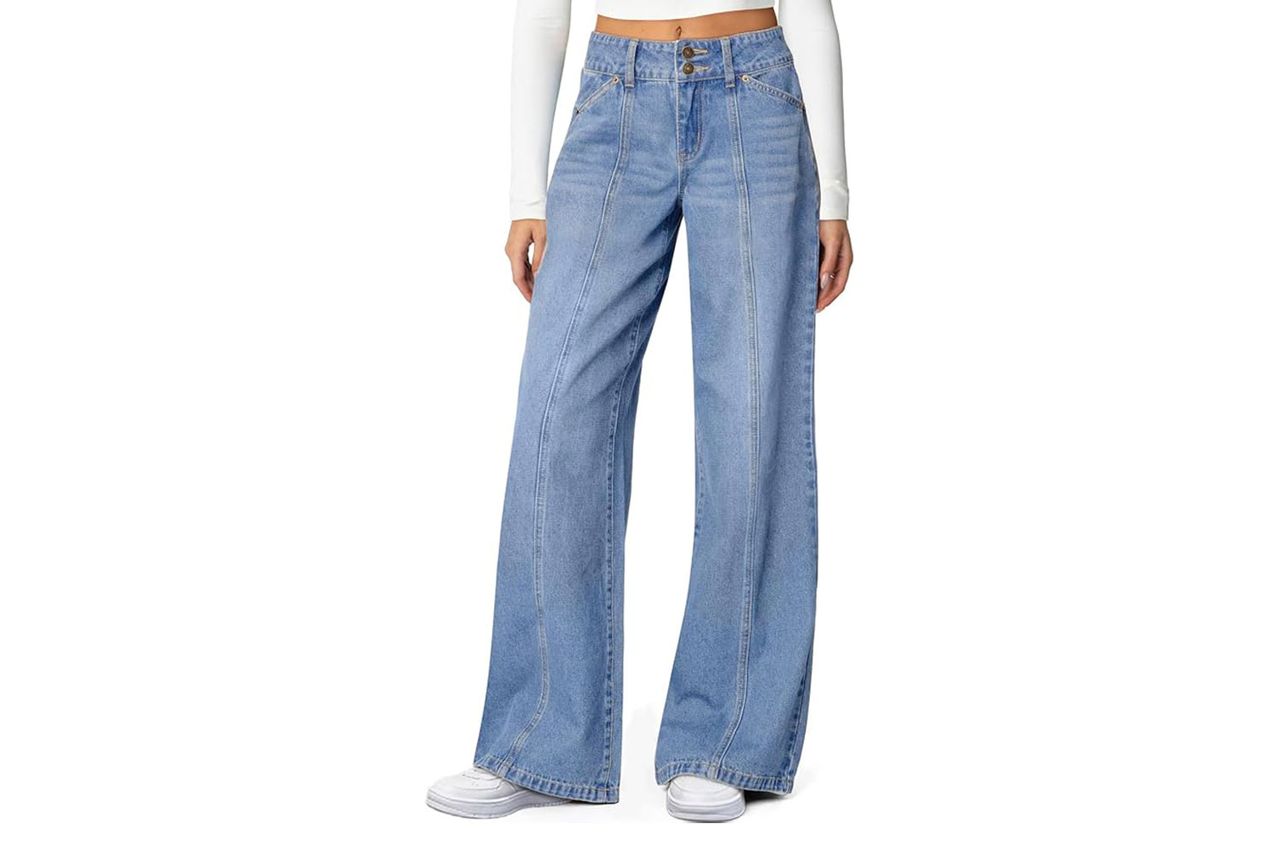 Sidefeel Women's Wide Leg Jeans High Waisted Stretchy Straight Leg Jeans Trendy Seamed Front Loose Denim Pants
