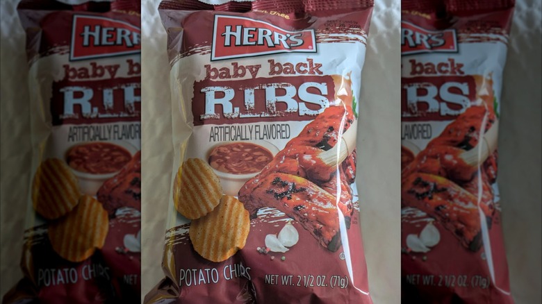 A bag of Herr's Baby Back Ribs flavored chips.