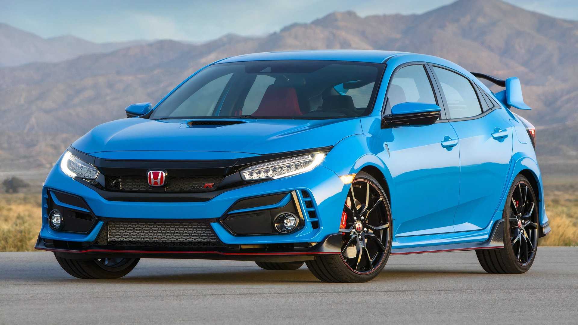Front three-quarter view of a blue Honda Civic Type R
