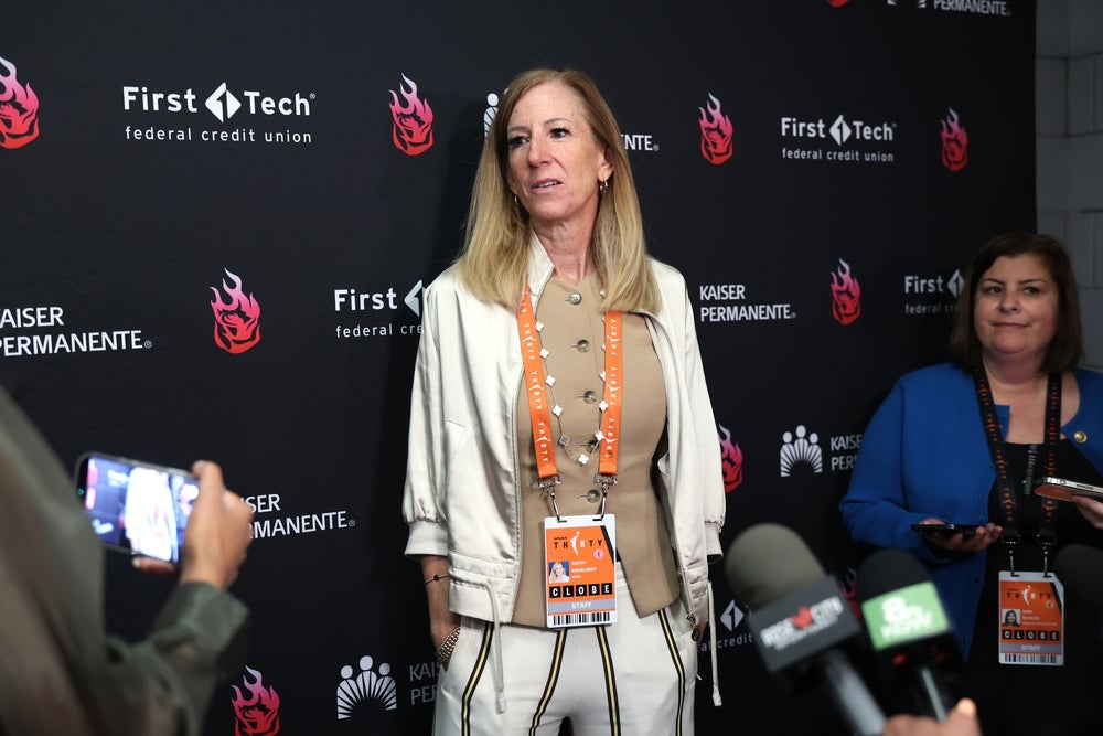 Jun 11, 2026; Portland, Oregon, USA; WNBA Commissioner Cathy Engelbert meets with the working media before Portland Fire against the Las Vegas Aces at Moda Center. Mandatory Credit: Jaime Valdez-Imagn Images