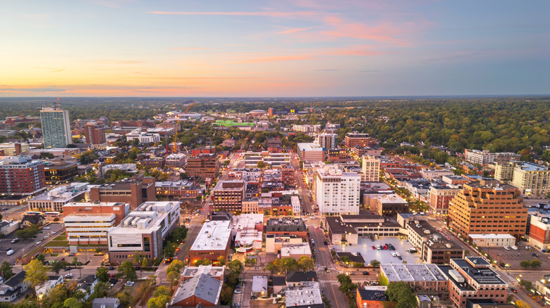 Buildings and streets of Ann Arbor at dusk