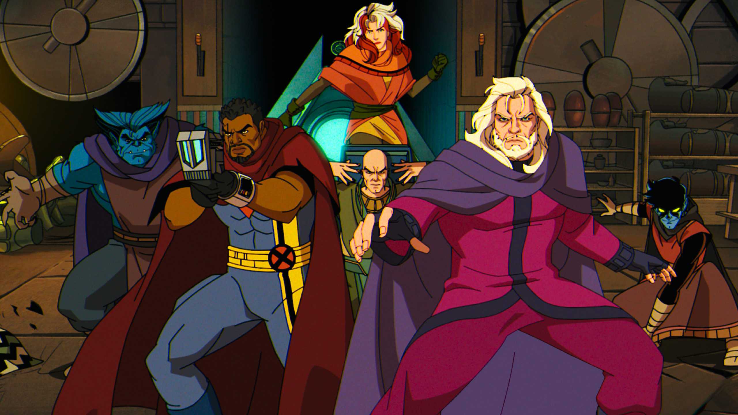 Beast, Bishop, Rogue, Professor X, Magneto, and Nightcrawler in season 2 of X-Men '97