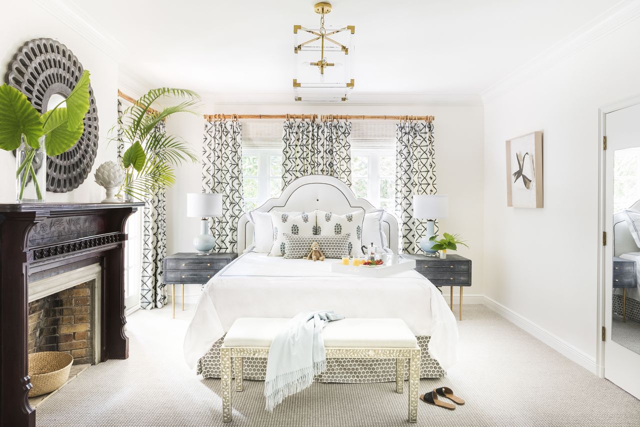 Luxurious hotel bedroom with a decorative design elegant furnishings a large bed and vibrant accents