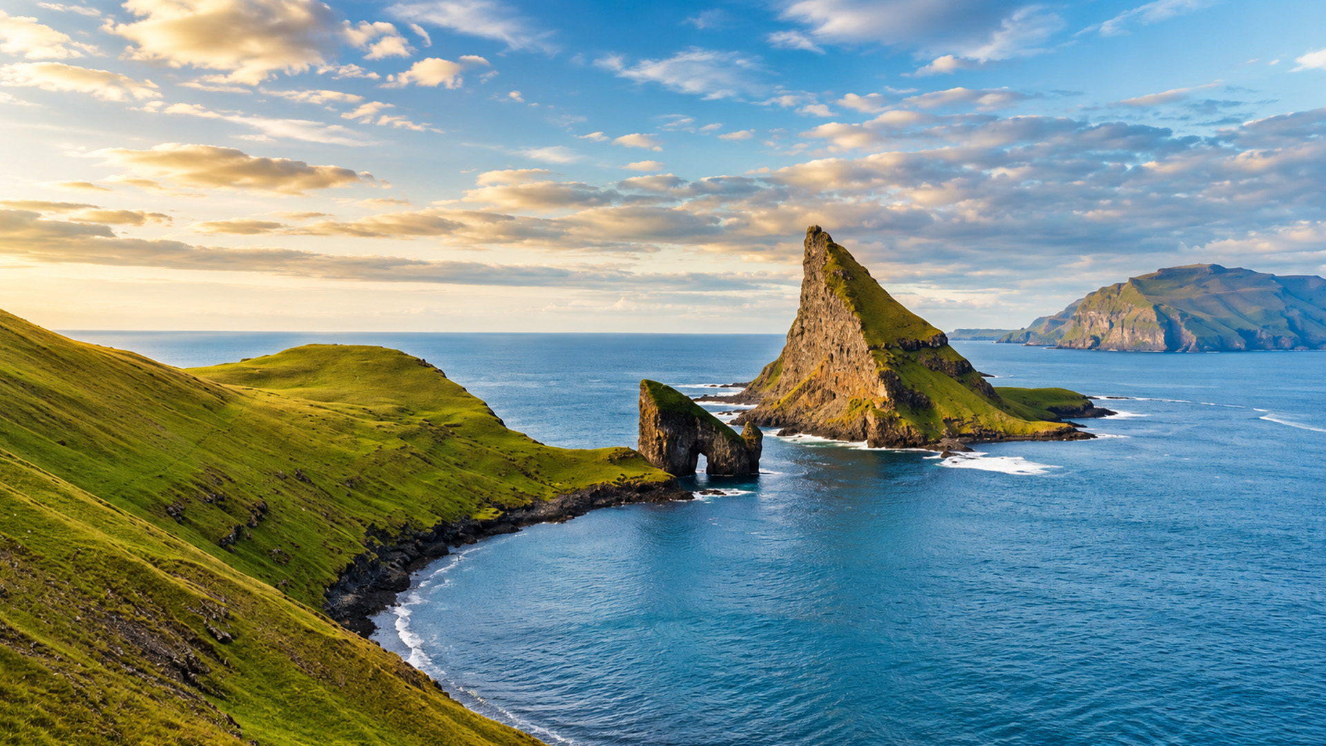 A sea stack standing off the rugged Faroe Islands coast