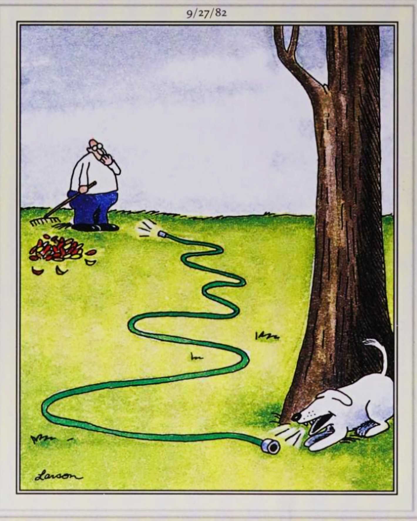 Far Side, Septembr 27, 1982, a dog barks through a hose at its owner