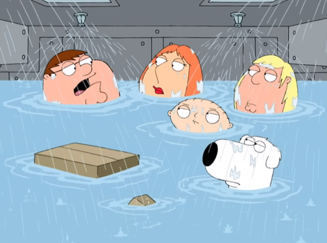 Animated characters from "Family Guy" trapped in a flooding room, struggling to stay afloat as water pours in from the ceiling