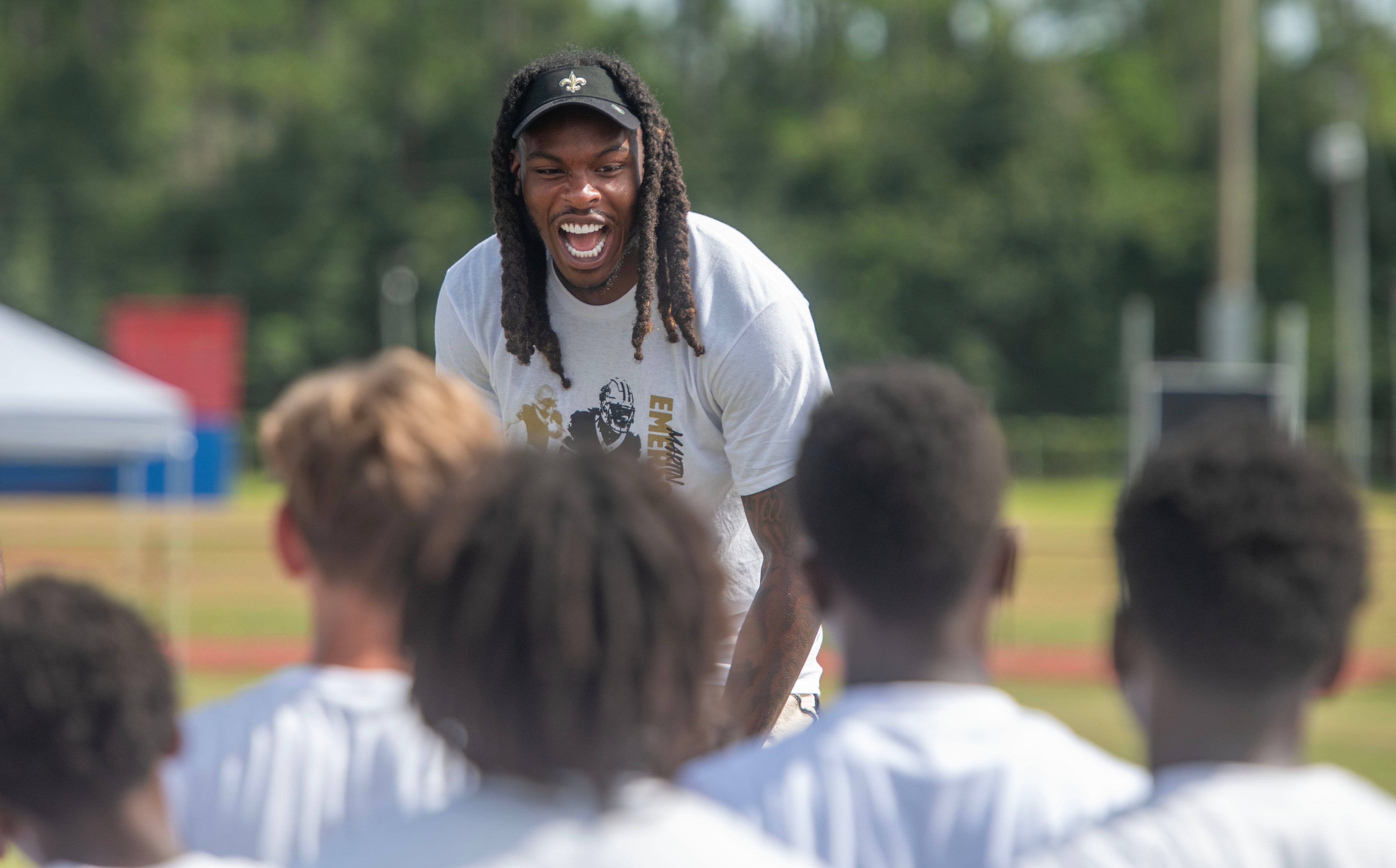 Saints DB and Pensacola native Martin Emerson Jr. fires-up young atnletes during his Youth Football Camp at Pine Forest High School Saturday, July 11, 2026, Emerson was on hand helping to run drills, engage with the youth, and provide hydration, giveaways, and lunch.