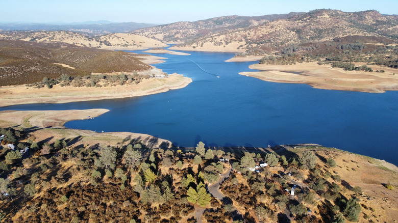 Ariel shot of New Hogan Lake in Central California
