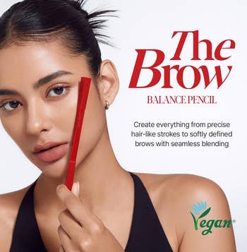 A model holds a brow pencil, showcasing its use. The text highlights its features: precise hair-like strokes and seamless blending. Vegan product