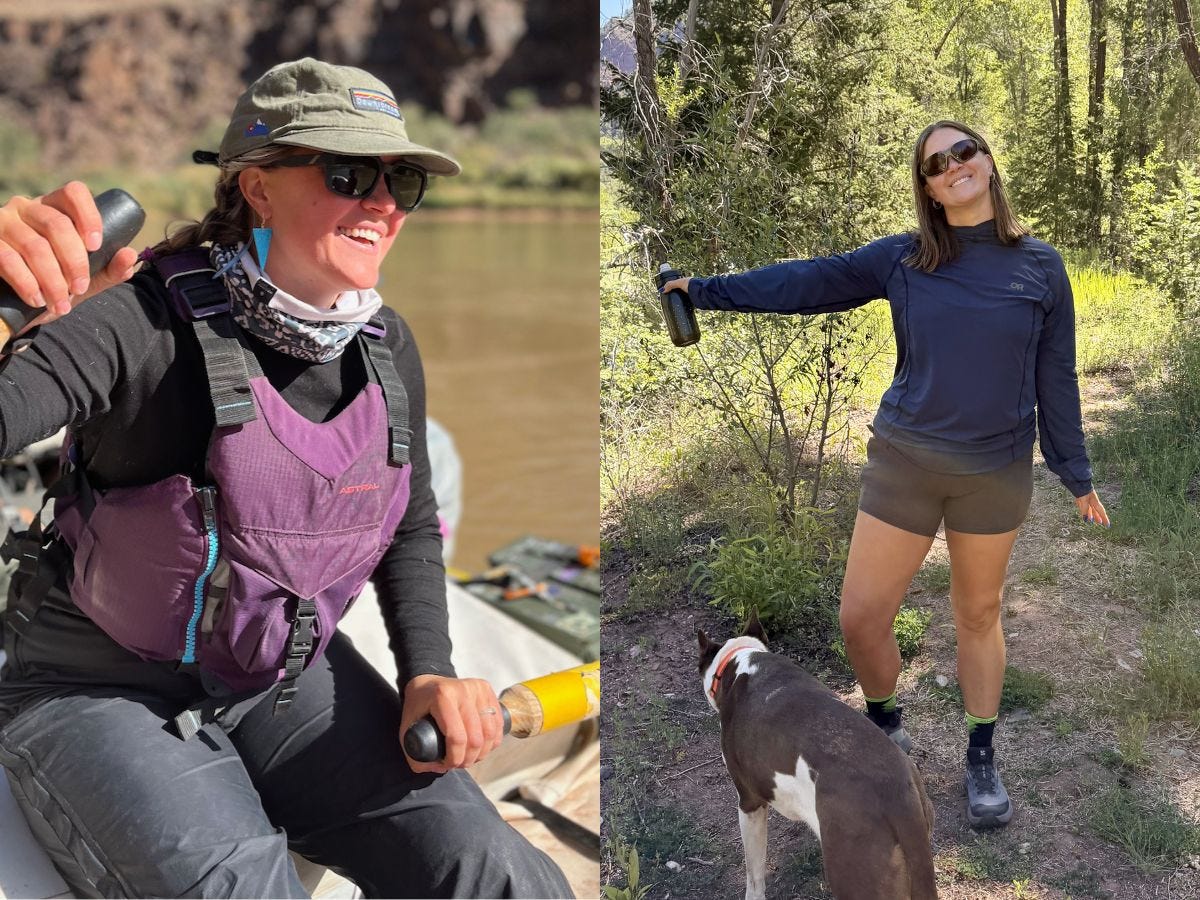 Split image shows one person rowing on a river and another standing on a wooded trail with a dog.
