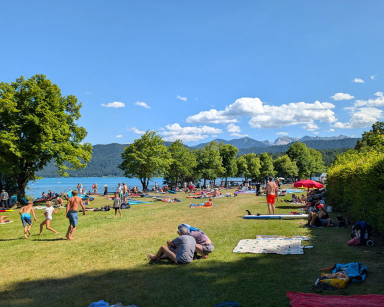 People by Lake Walchensee in Bavaria this month. German authorities said 40 of those who drowned in June were under 30 years old. Photograph: Michael Nguyen/NurPhoto/Shutterstock