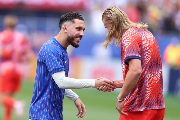 Haaland reunited with Man City teammate Rayan Cherki when France played Norway earlier this World Cup (Photo: Getty)