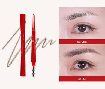 Red brow pencil with brush, showing before and after images of fuller, natural brows. Text reads:
