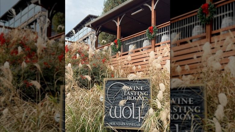 Wolf Mountain Vineyard's tasting room, with its namesake sign posted in shrubbery and tall grass landscaping, with holiday-style wreaths on porch railing.