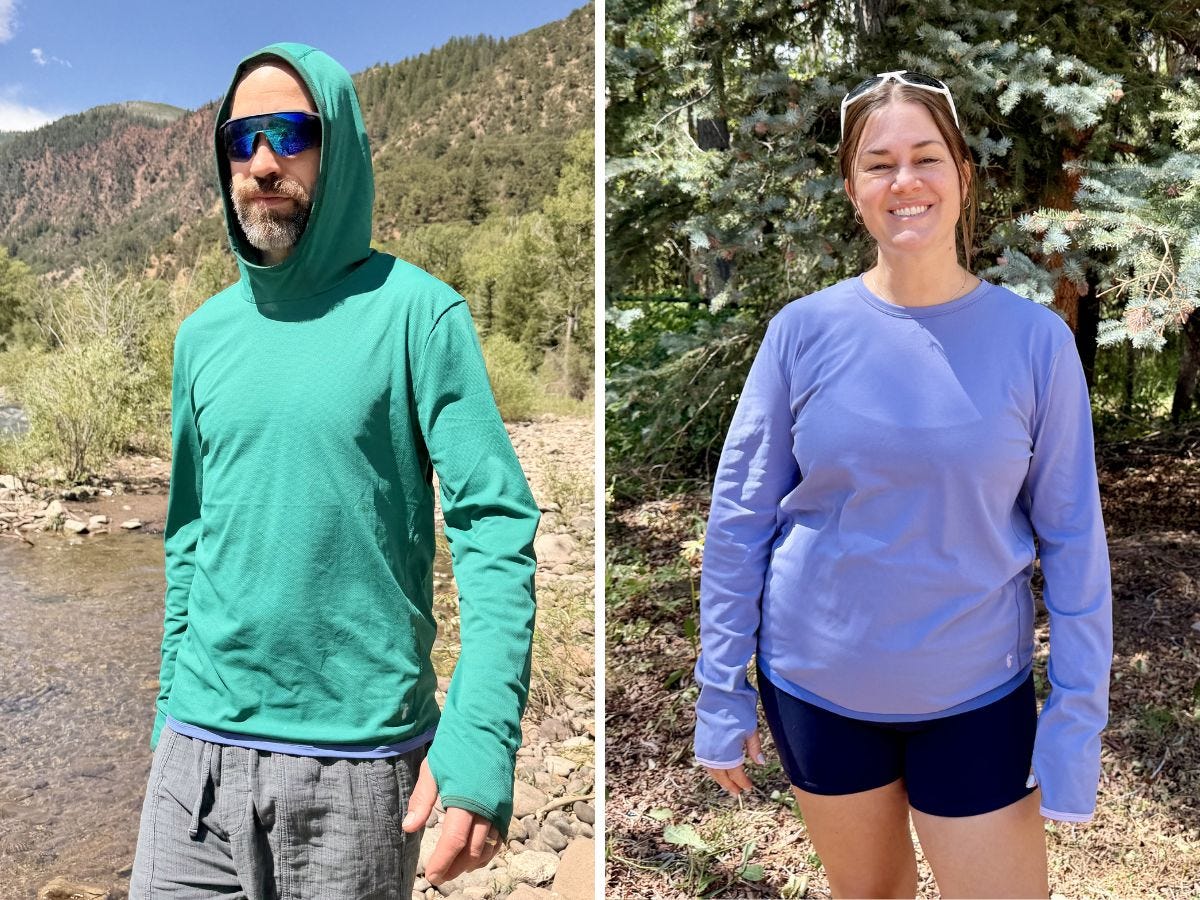 Two outdoor portraits show people wearing long-sleeve sun shirts near a creek and among evergreen trees.