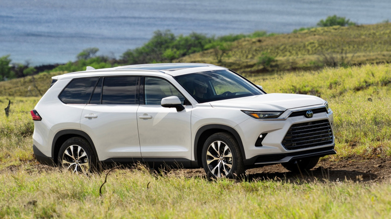 Side view of white Toyota Grand Highlander on mountain trail.