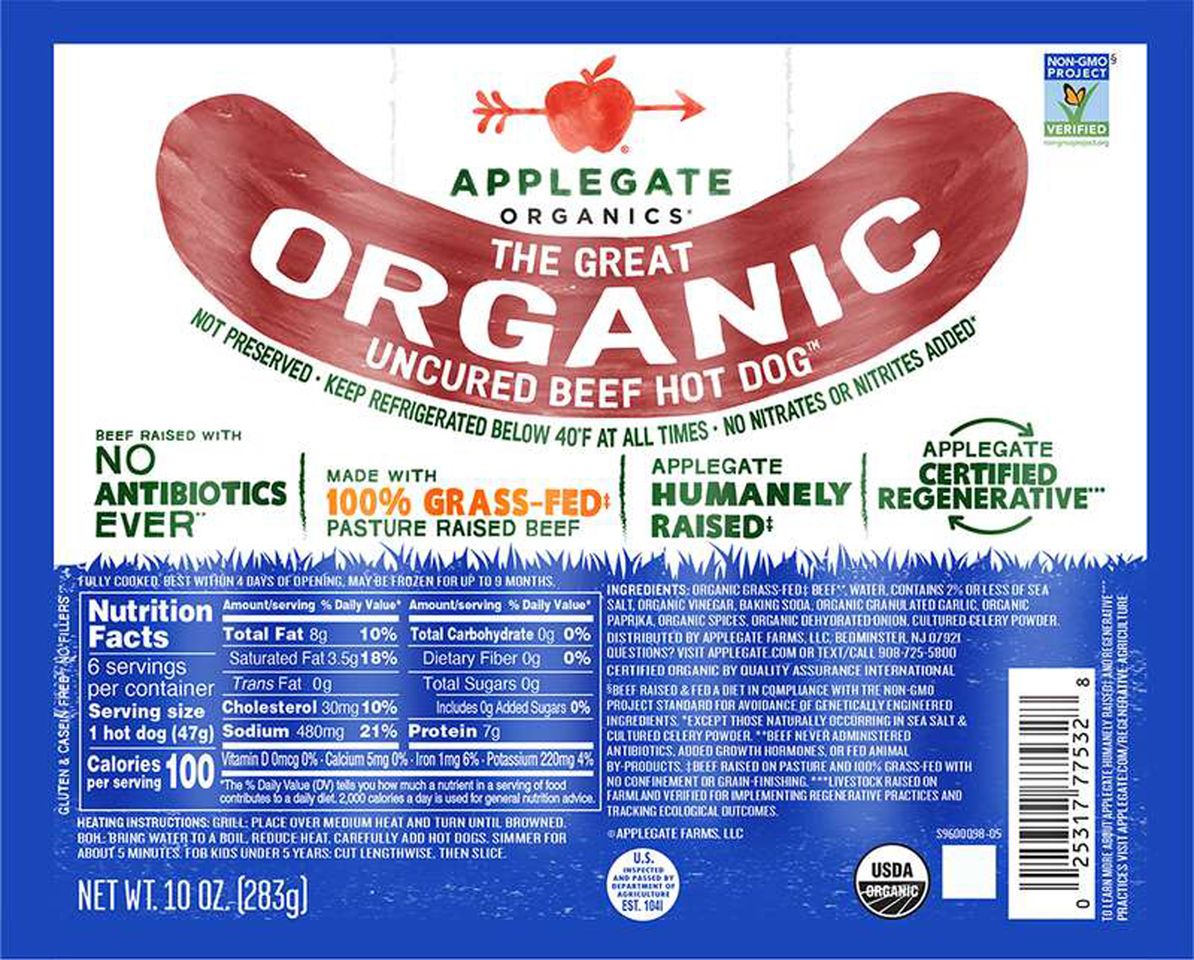 Label for Applegate Organics The Great Organic Uncured Beef Hot Dog product