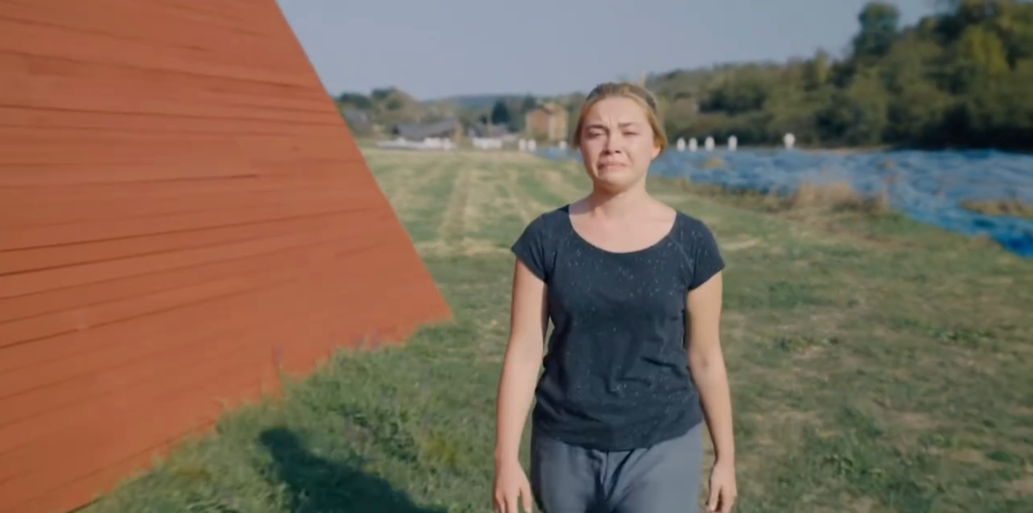 Person walking outdoors, wearing casual clothing with a neutral expression. Background includes a large red structure and grassy field