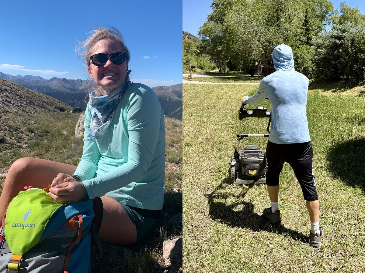 Side-by-side outdoor scenes show a hiker with a cotopaxi backpack and a person mowing a grassy lawn.