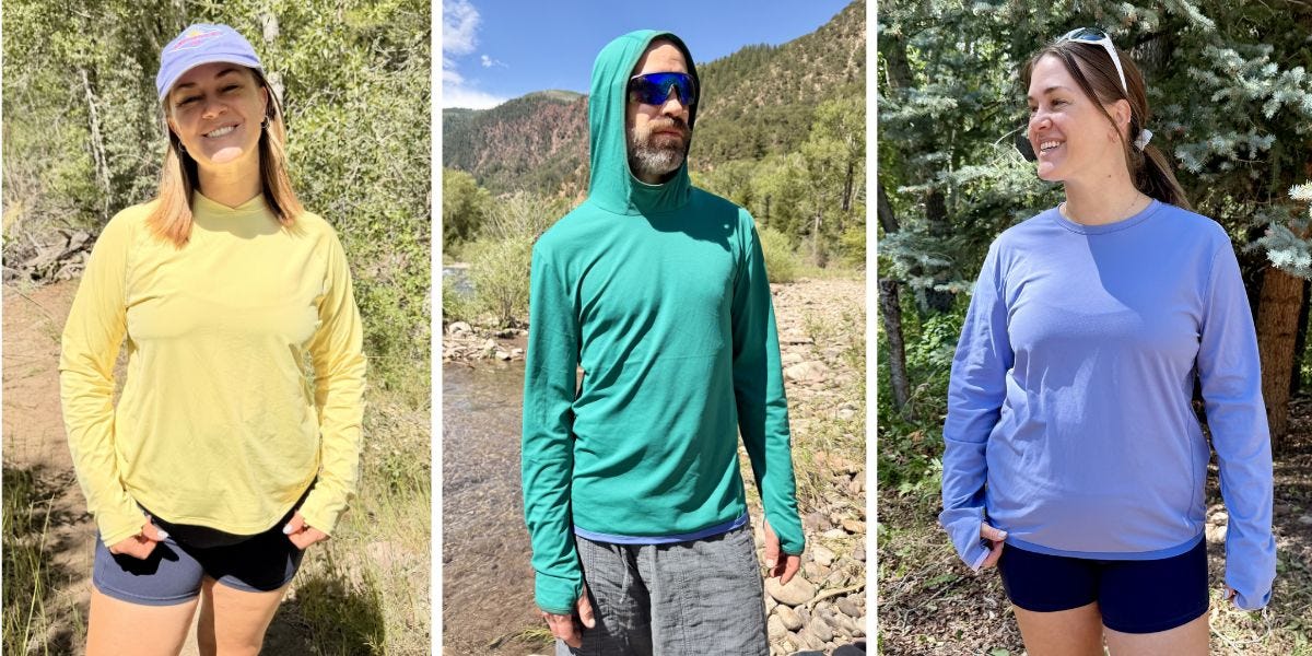 Three outdoor portraits show people wearing long-sleeve sun shirts in yellow, green, and light blue.