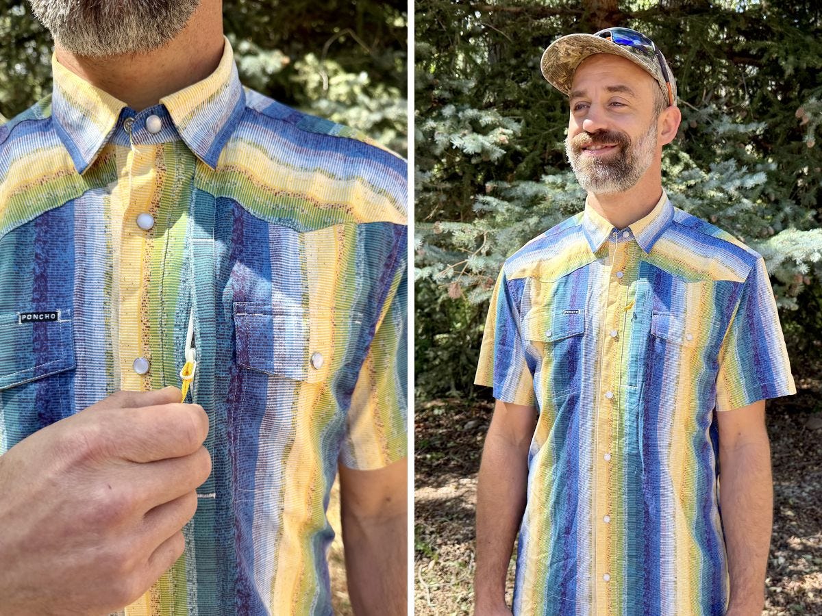 Person outdoors wearing a multicolored striped PONCHO button-up shirt, shown in close-up and waist-up views.