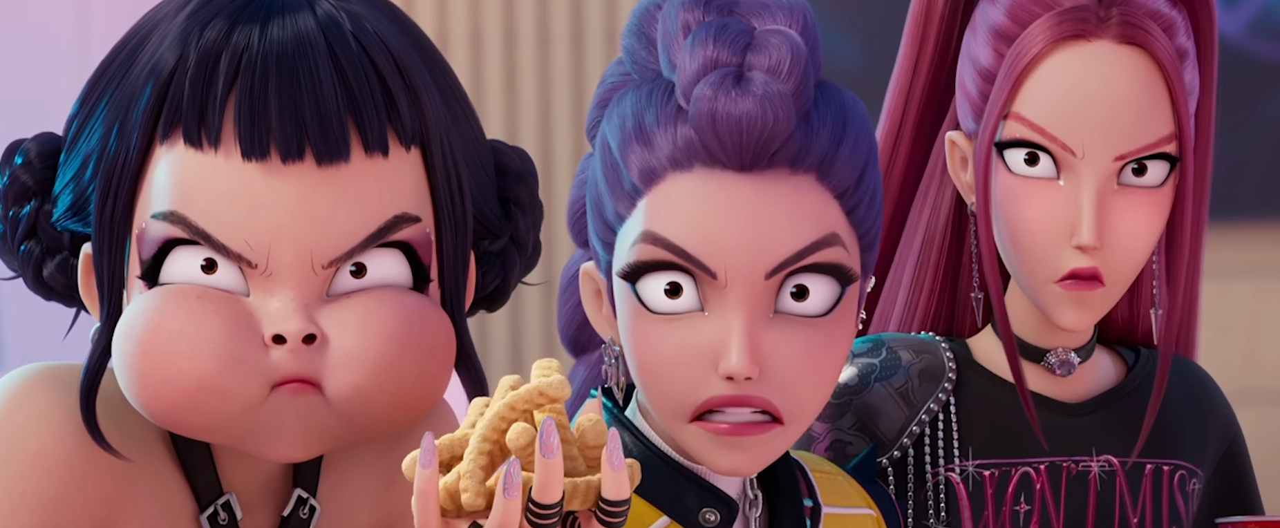 Three animated characters with fierce expressions, one holding a biscuit. They have distinct hairstyles and edgy outfits, conveying strong emotions